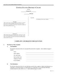 Complaint and Request for Injunction in a Federal District Court