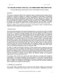 Factors in Strategic Cost Management: Top Mgmt Support, Competitive Learning, Resource Mgm