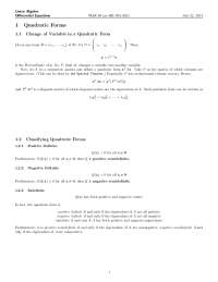 Quadratic Forms in Linear Algebra: Change of Variable, Classification, and Optimization