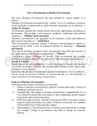 Unit 1 Introduction To Business Environment Lecture Notes Business