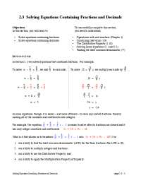 2.3 Solving Equations Containing Fractions and Decimals