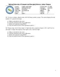Quiz 1: Digital Logic Design - BS (Data Science) at NUCES, Lahore Campus