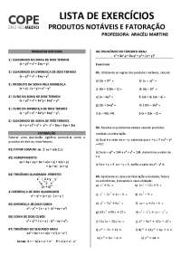 Lista de Exercícios: Produtos Notáveis e Fatoração