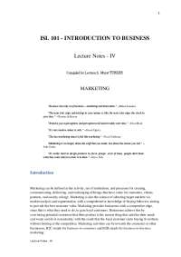 Introduction to Business: Marketing Lecture Notes
