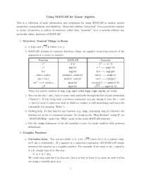 Using MATLAB for Linear Algebra