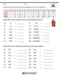 read and write roman numerals to 1000 sheet a
