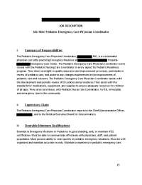Pediatric Emergency Care Physician Coordinator I. Summary ...
