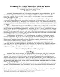 Humanism, Its Origin, Nature and Menacing Impact