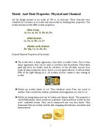Metals And Their Properties- Physical and Chemical
