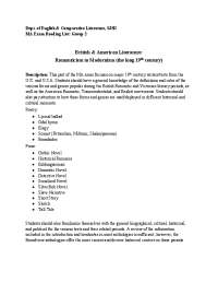 SJSU MA Exam Reading List: Group 2 British & American Literature: Romanticism to Modernism