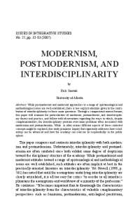 Modernism, Postmodernism, and Interdisciplinarity