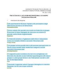 Psicologia delle Relazioni Interpersonali e di Gruppo L-24 - Domande test + INEDITE 2023