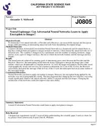 Neural Espionage: Can Adversarial Neural Networks Learn to Apply Encryption to Images?