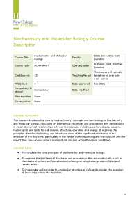 Biochemistry and Molecular Biology Course Descriptor