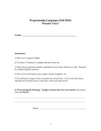 Programming Languages Practice Test I