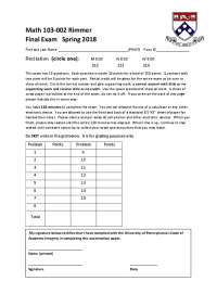 Math 103-002 Rimmer Final Exam Spring 2018