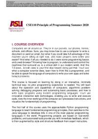 CSE110 Principle of Programming Summer 2020 I. COURSE ...