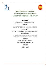Clasificación de Excipientes en Tecnología Farmacéutica