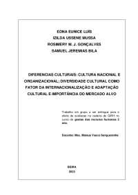 DIFERENCIAS CULTURAIS: CULTURA NACIONAL E 
ORGANIZACIONAL; DIVERSIDADE CULTURAL COMO 
FATO