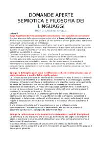 Semiotica e filosofia dei linguaggi Di caterino Angelo DOMANDE APERTE + 1 FUORI PANIERE