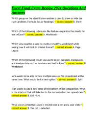 Excel Final Exam Review 2024 Questions and Answers