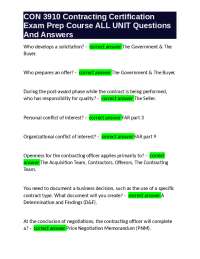 CON 3910 Contracting Certification Exam Prep Course ALL UNIT Questions And Answers