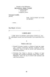 Complaint for Collection of Sum of Money: Giovanna Costello vs. Ray Mond