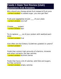 Utah Foods 1 State Test Review: Questions and Answers on Nutrition and Food Safety