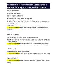 Wisconsin Motor Vehicle Salesperson Manual Test Questions and Answers