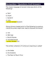 Humanities I Questions and Answers