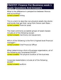 Finance for Business Week 1 Questions and Answers