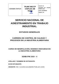 Plan HACCP para la producción de chifles de yuca - Prof. Velasquez Duran