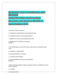 INTRODUCTION TO MODELING AND DECISION ANALYSIS FINAL EXAM Verified Questions and Answers R