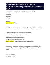 Wisconsin Accident and Health Insurance Exam Questions And Answers 2024