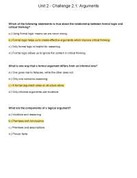HUMANITIES 1005 Unit 2 - Challenge 2.1 Arguments (100% Correct Answers)
