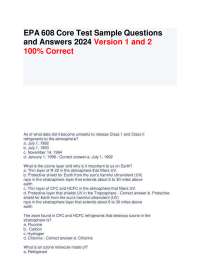 EPA 608 Core Test Sample Questions and Answers 2024 Version 1 and 2  100% Correct