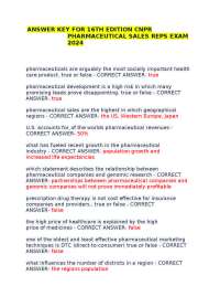 ANSWER KEY FOR 16TH EDITION CNPR PHARMACEUTICAL SALES REPS EXAM 2024