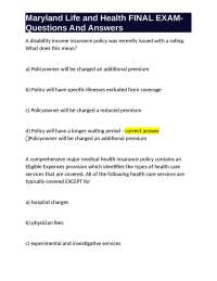 Maryland Life and Health FINAL EXAM- Questions And Answers