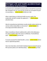 Michigan Life and Health Accident Exam Questions and Answers
