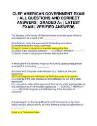CLEP AMERICAN GOVERNMENT EXAM | ALL QUESTIONS AND CORRECT ANSWERS | GRADED A+ | LATEST