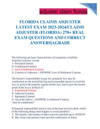 FLORIDA CLAIMS ADJUSTER LATEST EXAM 2023-2024/CLAIMS ADJUSTER (FLORIDA) 270+ REAL EXAM