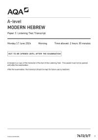 AQA A-level MODERN HEBREW 7672/3/T Paper 3 Listening Test Transcript June 2024