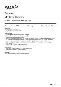 AQA A-level Modern Hebrew 7672/2 Paper 2 Writing (Set texts and films) June 2024 QP