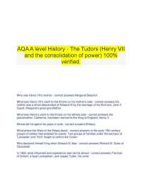 AQA A level History - The Tudors (Henry VII  and the consolidation of power) 100%  verifie