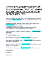 LATEST UPDATED INTRODUCTION TO AMMUNITION QUESTIONS WITH PRECISE  ANSWERS 2024 REVISED GRA
