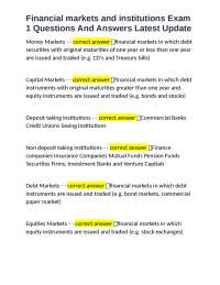 Financial markets and institutions Exam 1 Questions And Answers Latest Update