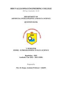 R Programming in Data Science: Question Bank for 1922502 - V/III