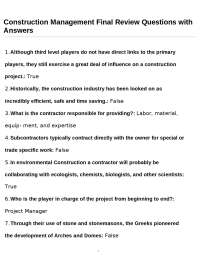 Construction Management Final Review Questions with Answers