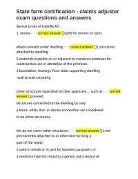 State Farm Certification - Claims Adjuster Exam Questions and Answers