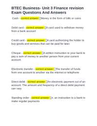 BTEC Business- Unit 3 Finance revision Exam Questions And Answers